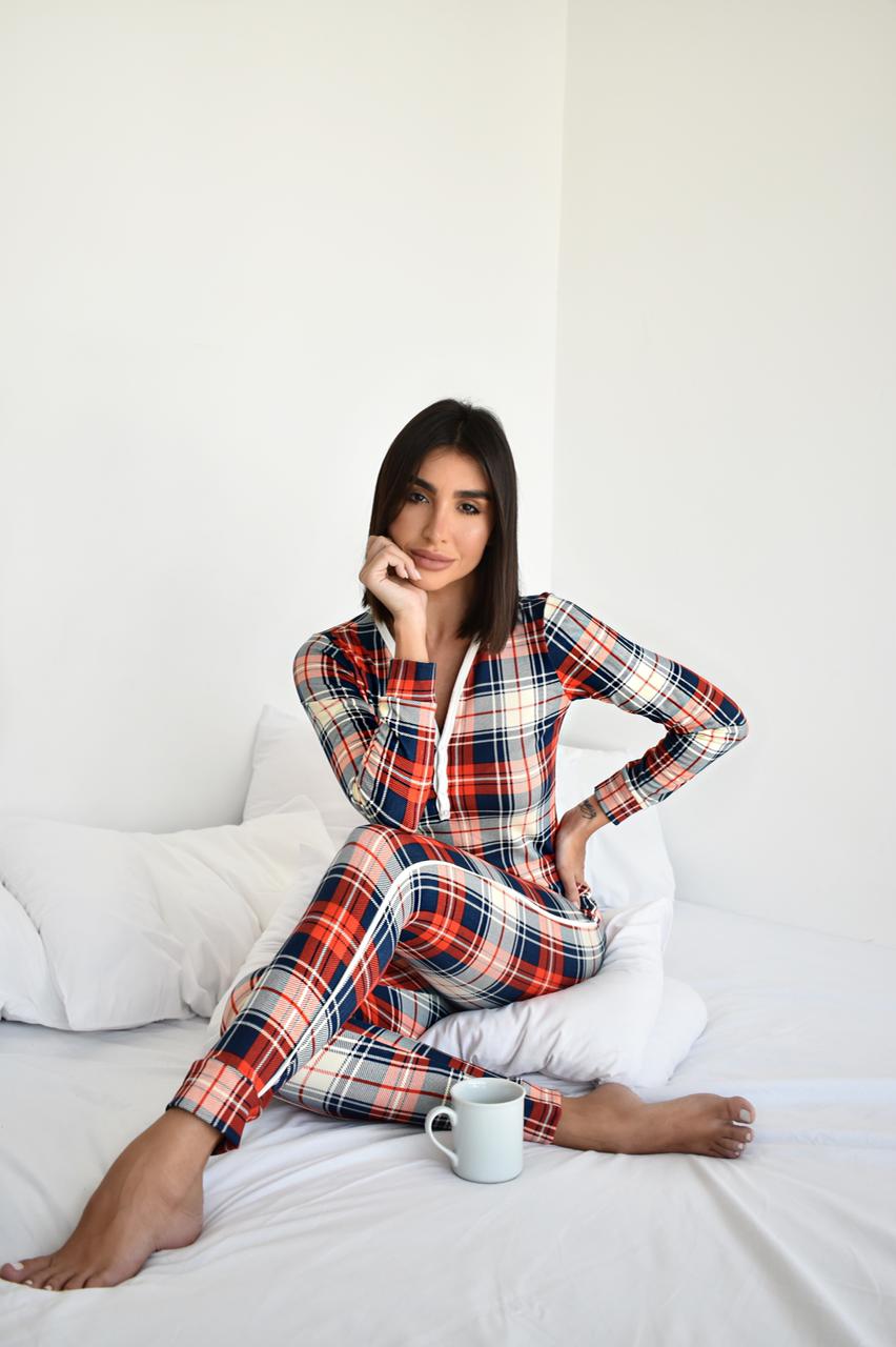 Pijama Xadrez Com Vermelho Versão Calça