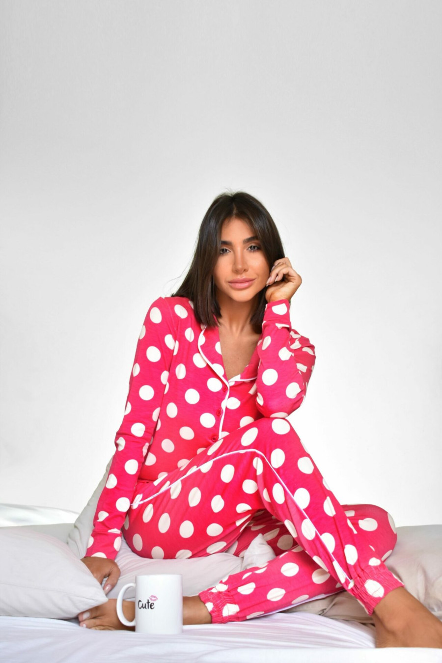 Pijama Pink Bolas Brancas Versão Calça