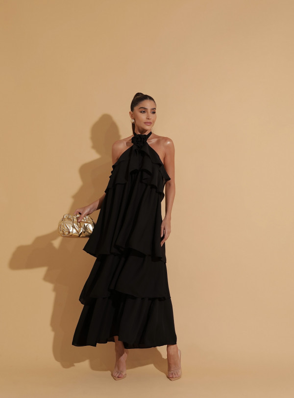 Vestido Midi Drapeado Laço Preto